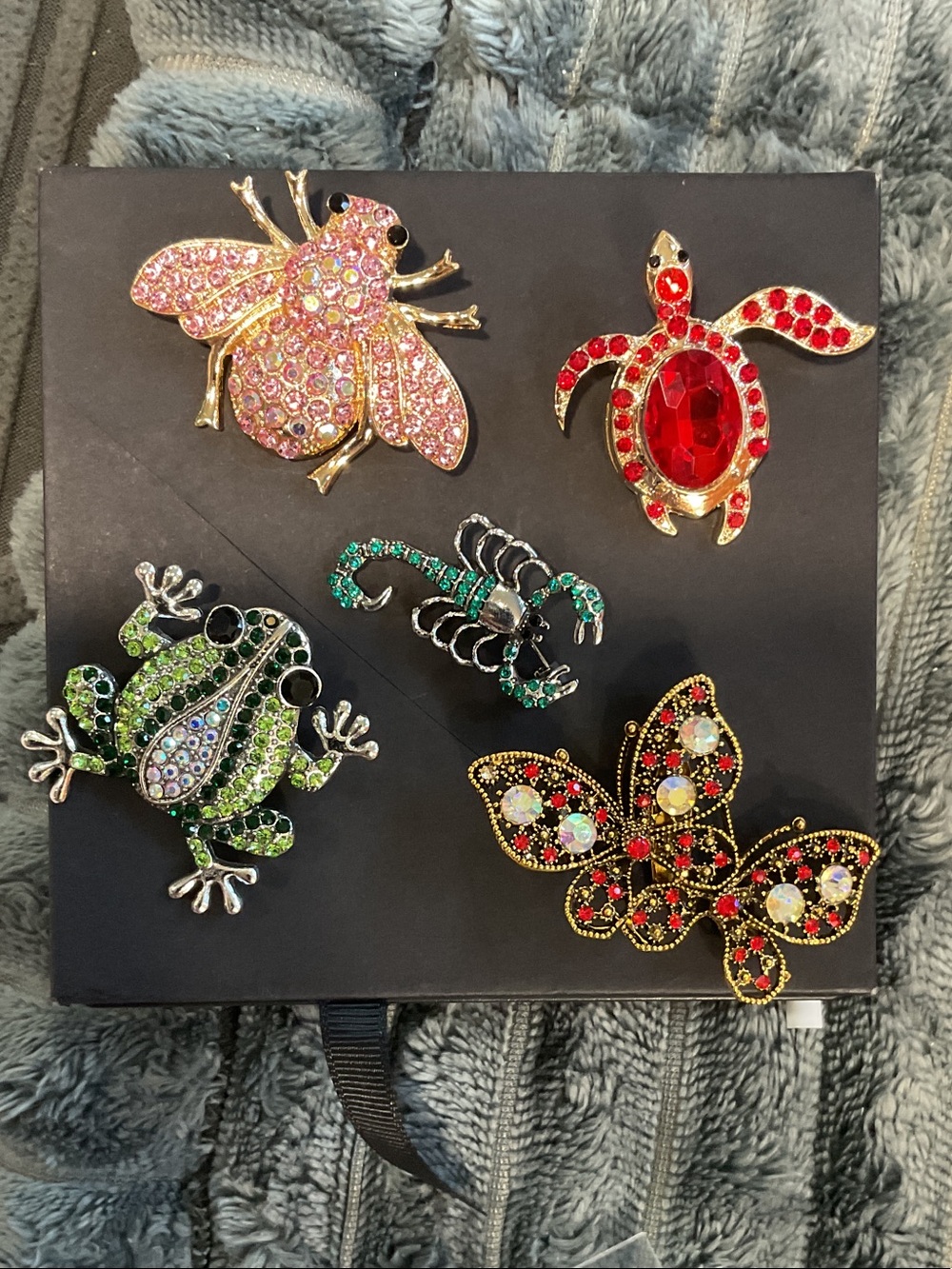 Embellished Animal Crystal Brooch Set - Pink, Red, Green, Black Accents